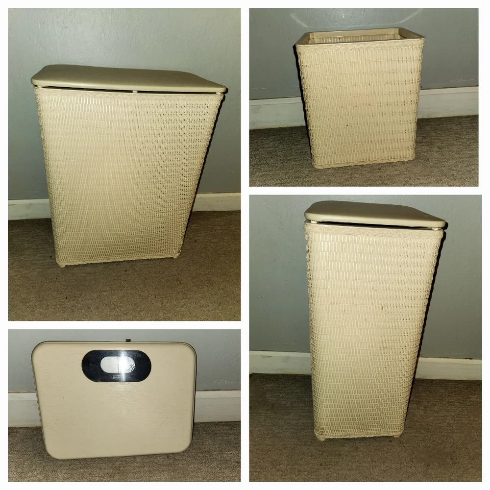 Vintage 1970s Ivory White Woven Wicker Storage Hamper